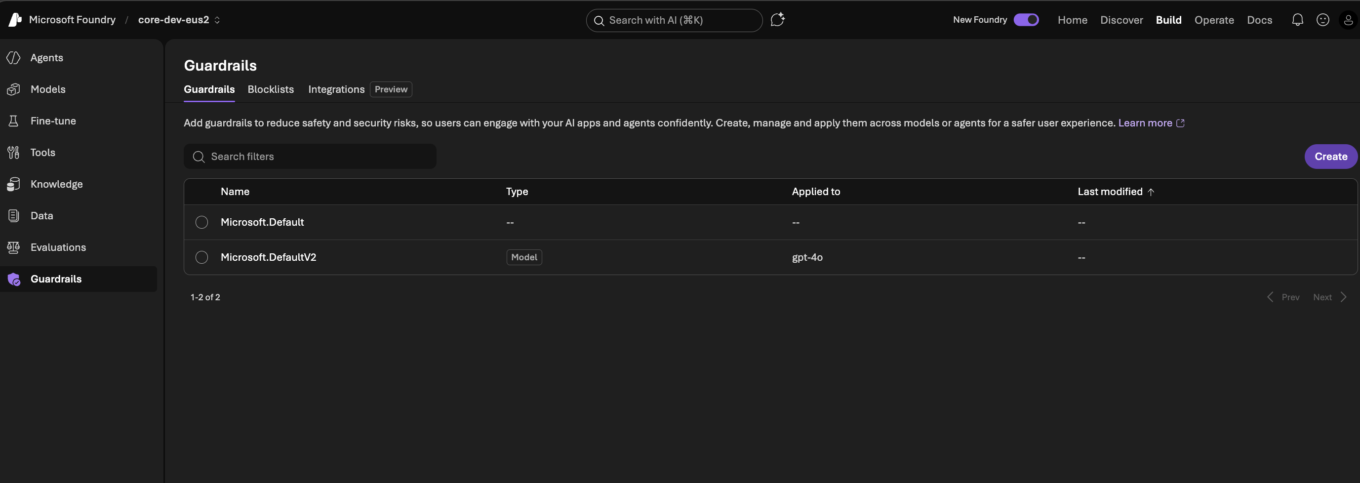 Guardrails panel — Microsoft.Default and Microsoft.DefaultV2 applied to gpt-4o